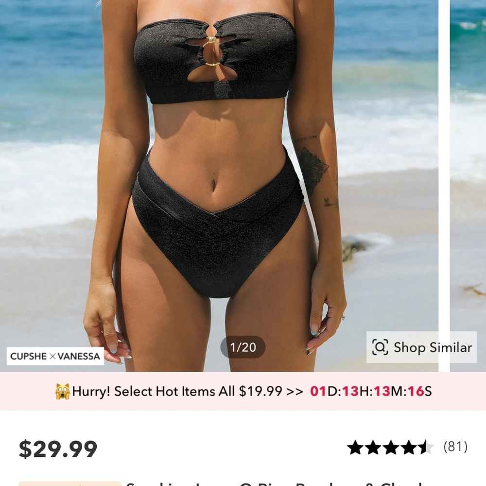 NEW with tags CUPSHE sparkling lurex o-ring bandeau & cheeky bikini set - XL